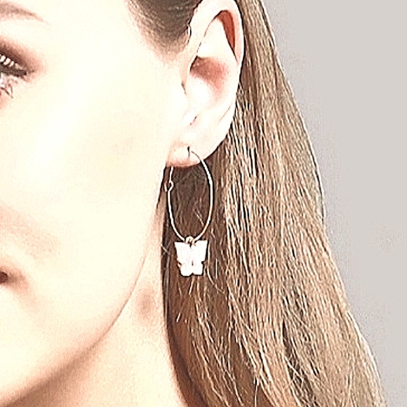 Free People White Butterfly Charm Hoop Earrings NEW - Picture 3 of 10